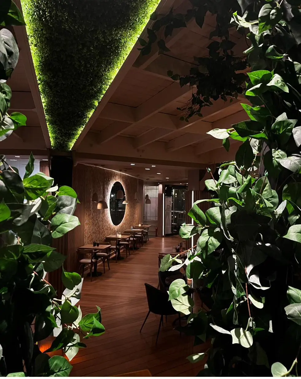 Notos Cafe interior lighting design Athens — warm wood tones, greenery and backlit feature wall